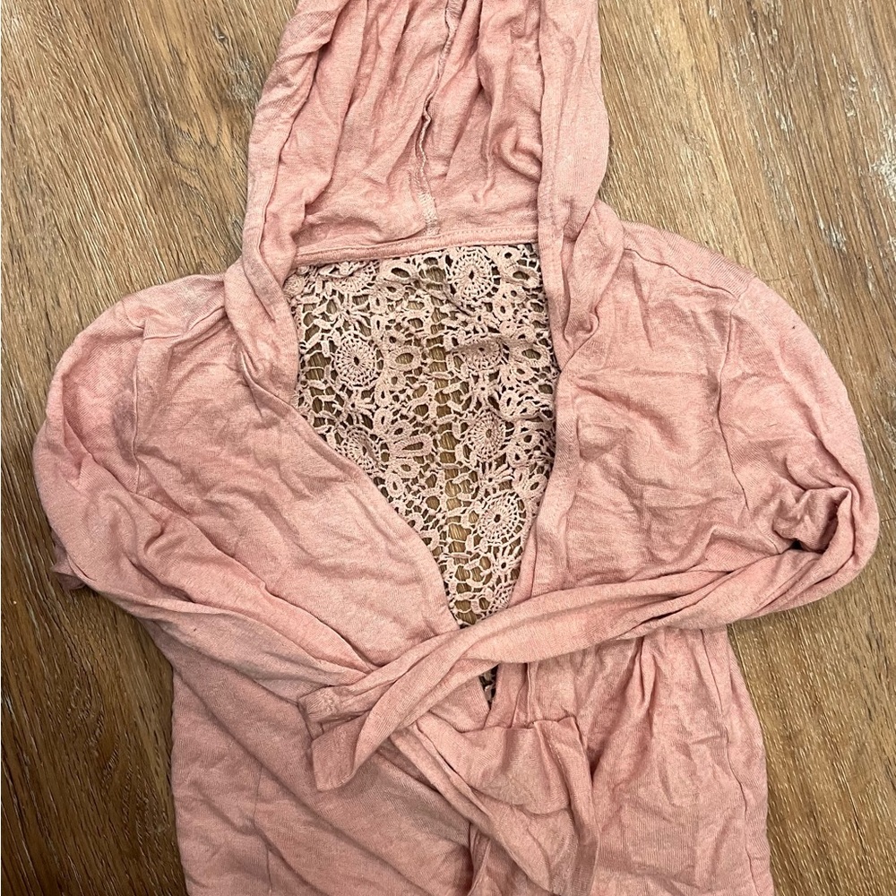 Pink Hooded Cardigan with Lace Detail
